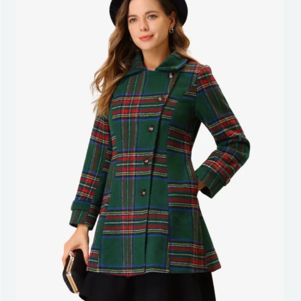 Brand new with tag Allegra K Green and Red Plaid tartan Pea Coat - Picture 3 of 11